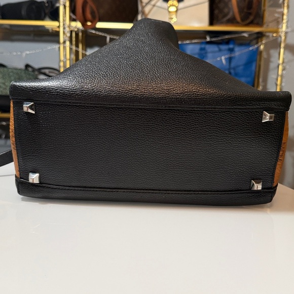 MCM Sarah Black Calfskin Leather & Cognac Visetos Hobo Shoulder Crossbody Bag - Picture 8 of 14